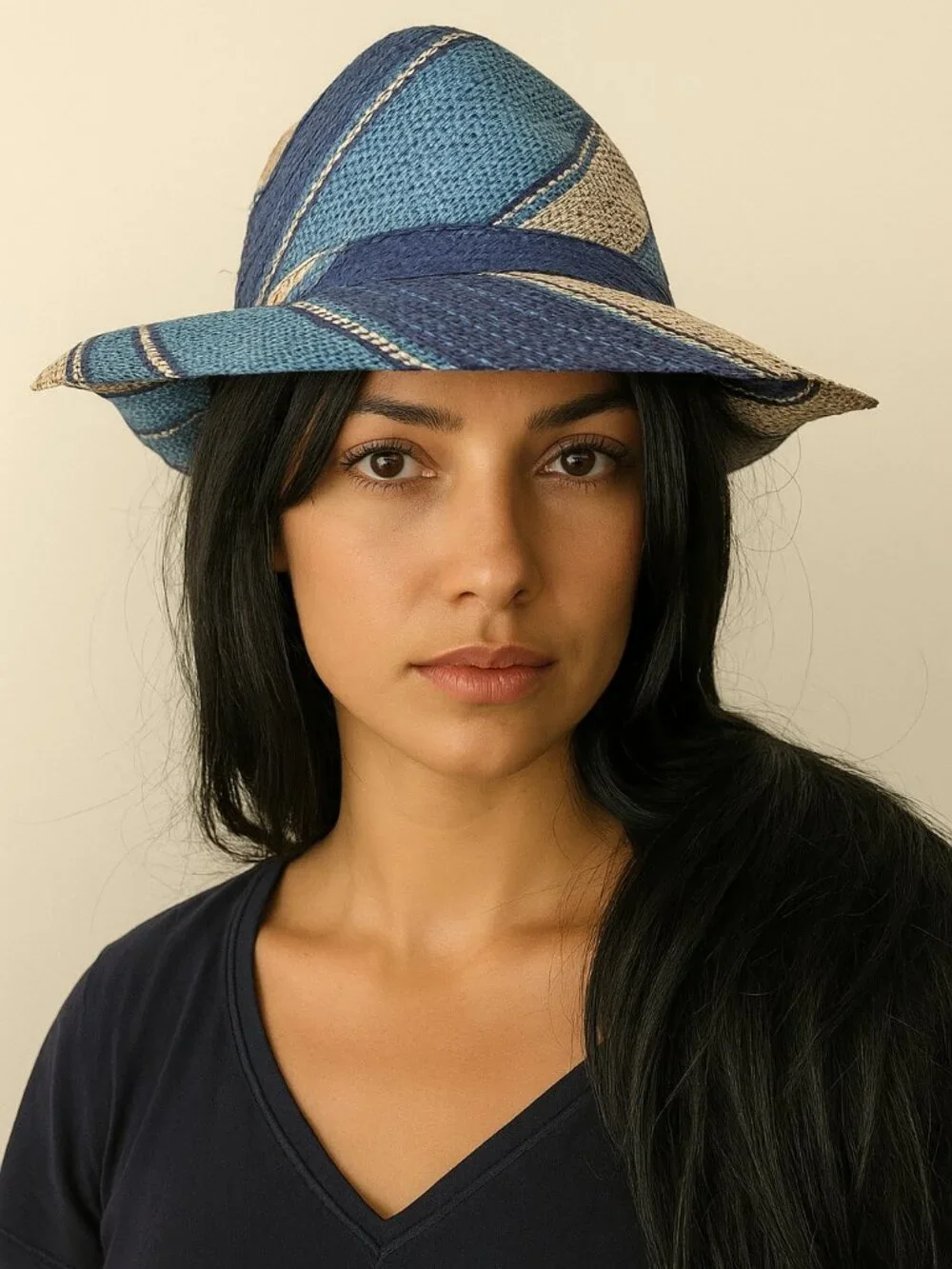 Lightweight raffia fedora hat made in Madagascar, blue